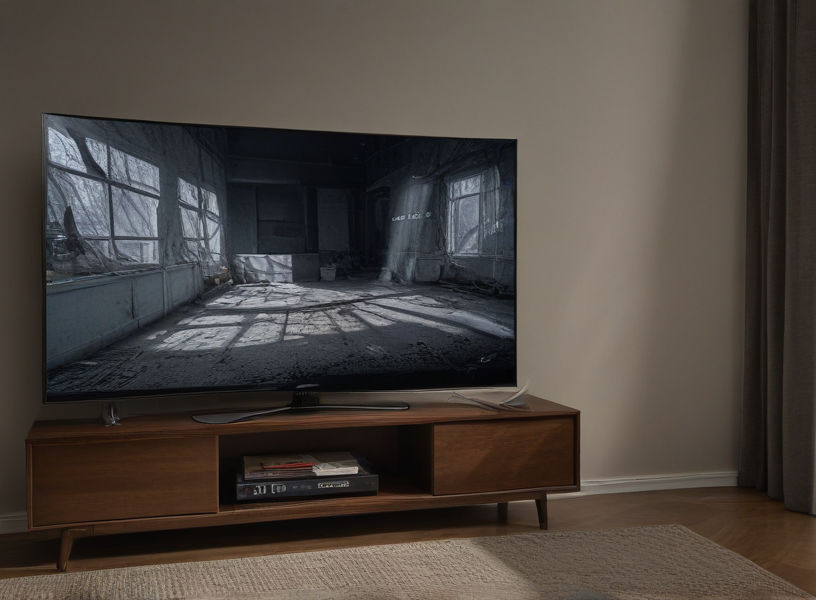 A Samsung TV flickers erratically, casting shadows on the walls. A remote lies abandoned on the coffee table.