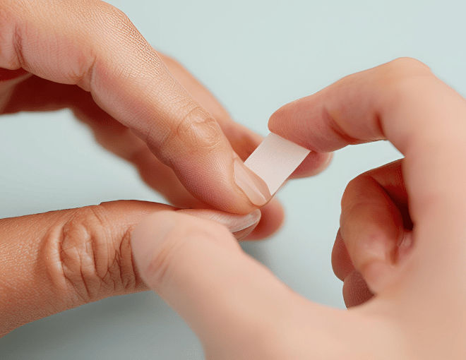 A hand gently grips a glucose test strip