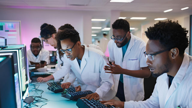 Software engineers huddle around glowing screens, furiously typing as they troubleshoot critical system bugs, ensuring Norton Healthcare's software runs seamlessly.