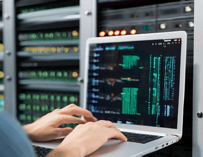 A close-up of a developer's hands typing code on a laptop, with server racks in the background, symbolizing robust code quality in Xaro's Linux VPS solutions.