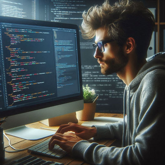 A software developer focuses on coding at his desk, with a Mac desktop displaying lines of code and various development tools.