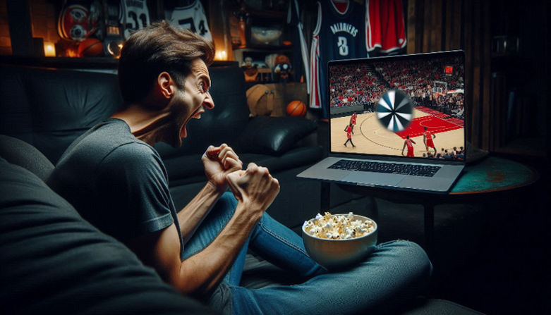 A frustrated fan watches an NBA game on a laptop, screen showing a frozen buffer wheel mid-play.
