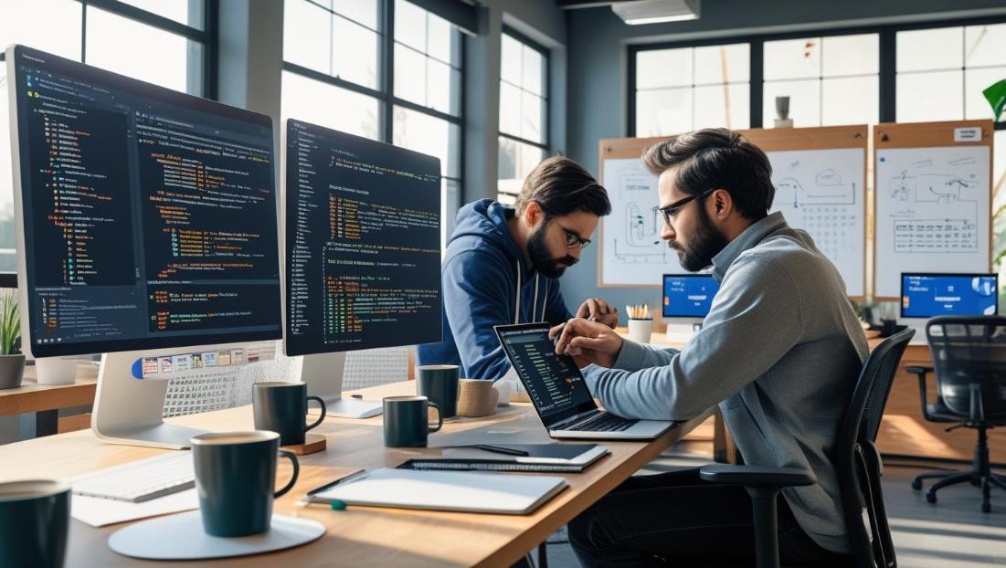Developers debug software using laptops and Office tools in a modern tech workspace.