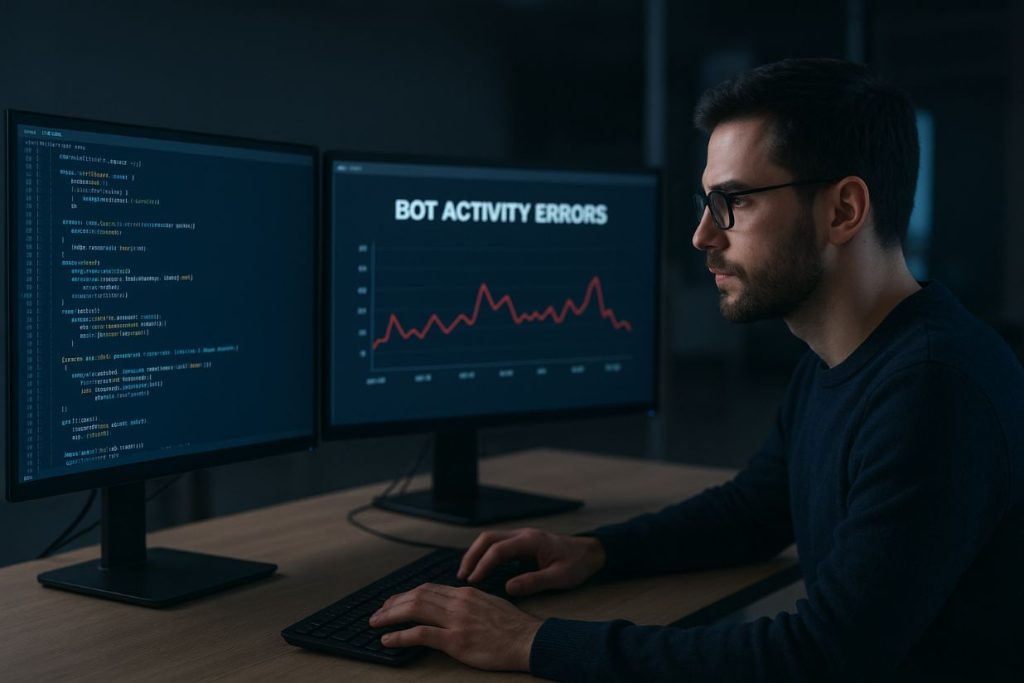developer examining lines of code on multiple screens