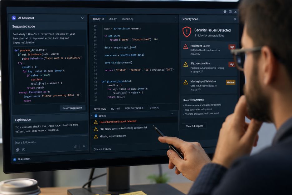 programmer reviewing AI-assisted code suggestions